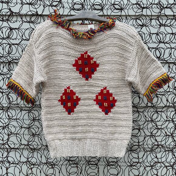 Vintage 90s Boho Fringe Bead Hippie Square Argyle Short Sleeve Sweater SMALL - Picture 1 of 6